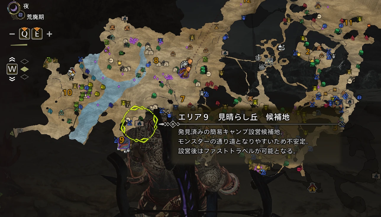 簡易キャンプ候補地・設営状況のゲーム画面